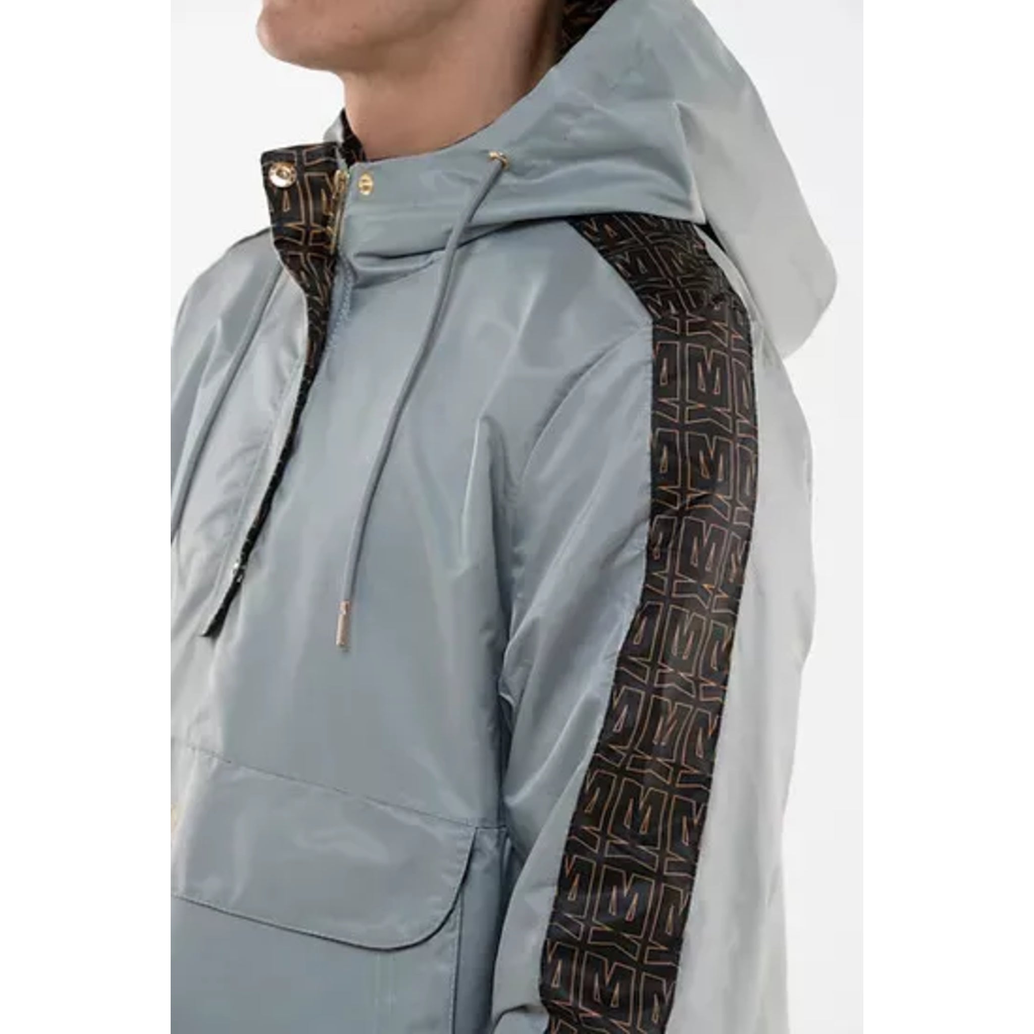 Men's MX branded grey hooded pullover jacket with front pouch pocket and black patterned sleeves